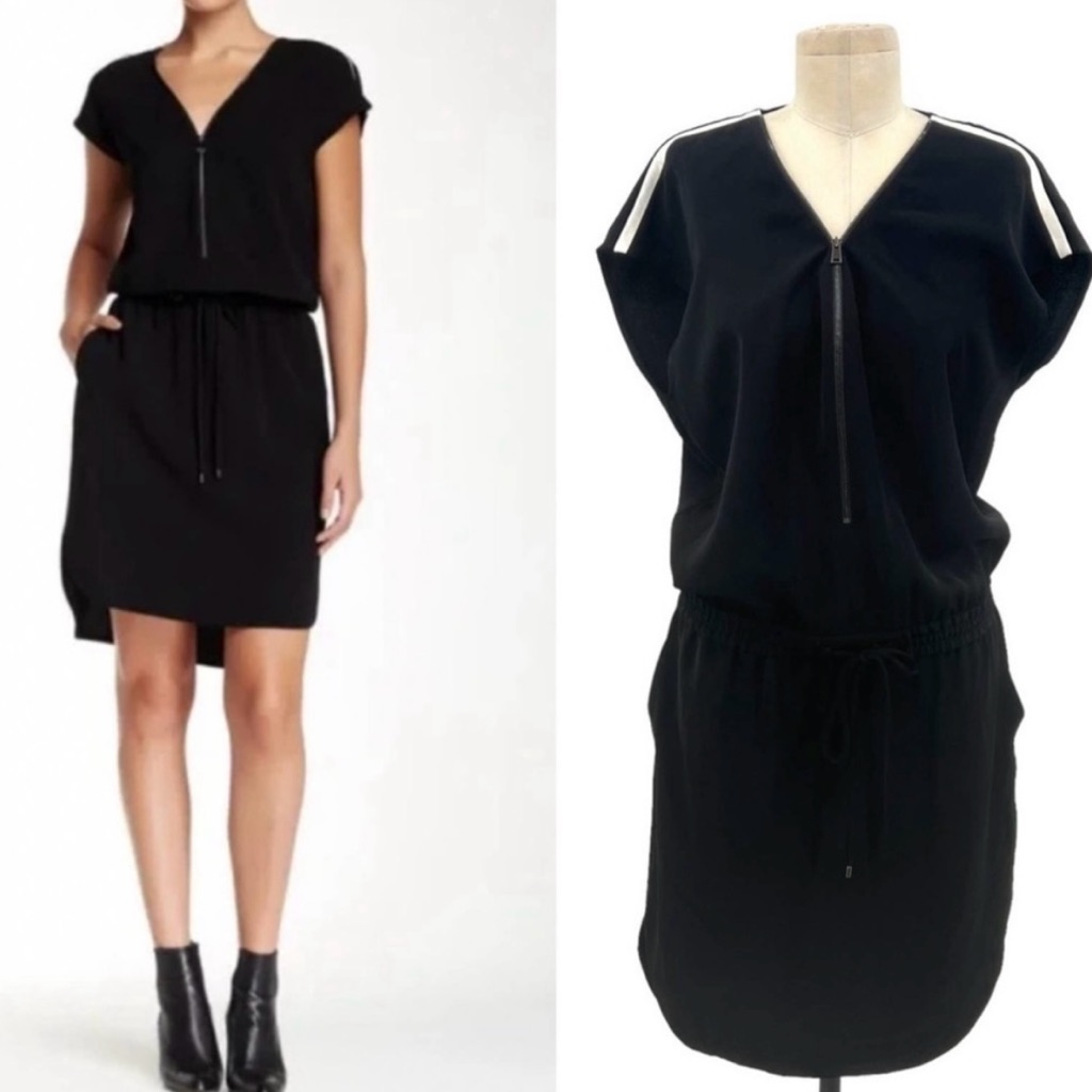 Vince Black Dress With Drawstrings And White Stripes On Shoulders Size Medium
